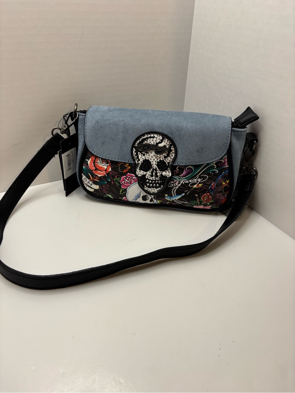 Ed Hardy Light Blue Flap shoulder bag with tattoo style Skulls & floral